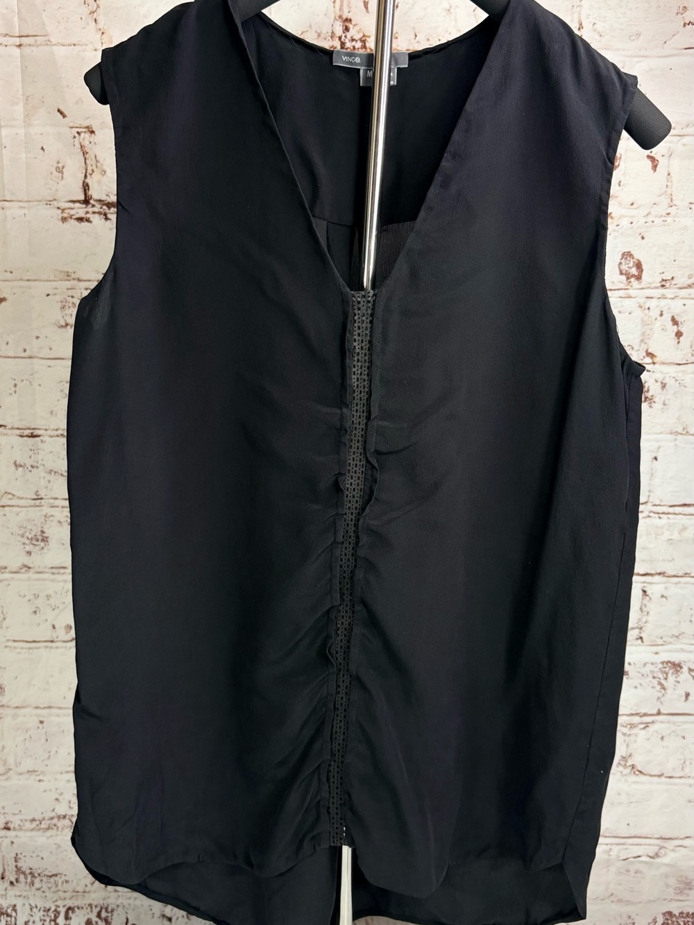 Vince Black Sleeveless V‑Neck Top with Center Trim